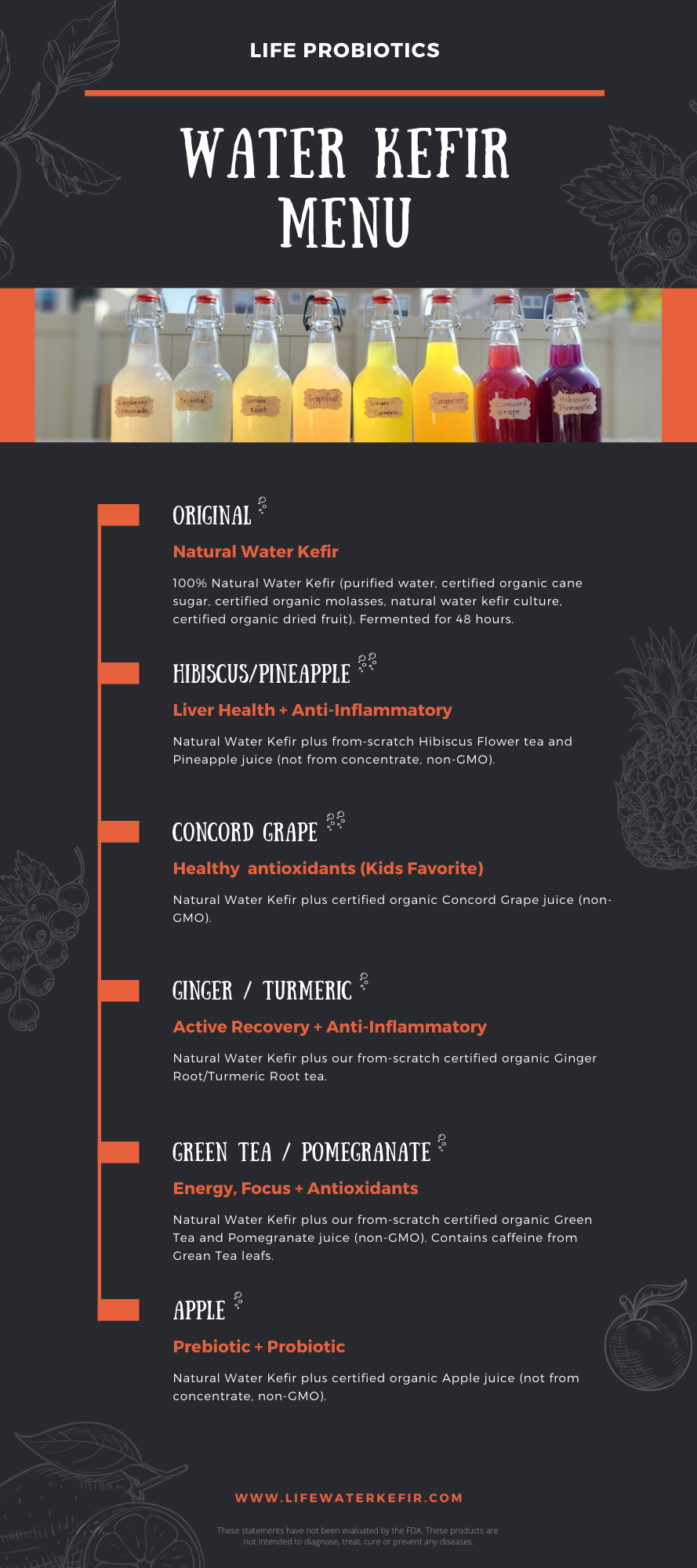 LIFE Probiotics - Menu Page 1 (original, hibiscus pineapple, concord grape, ginger turmeric, green tea pomegranate, apple)